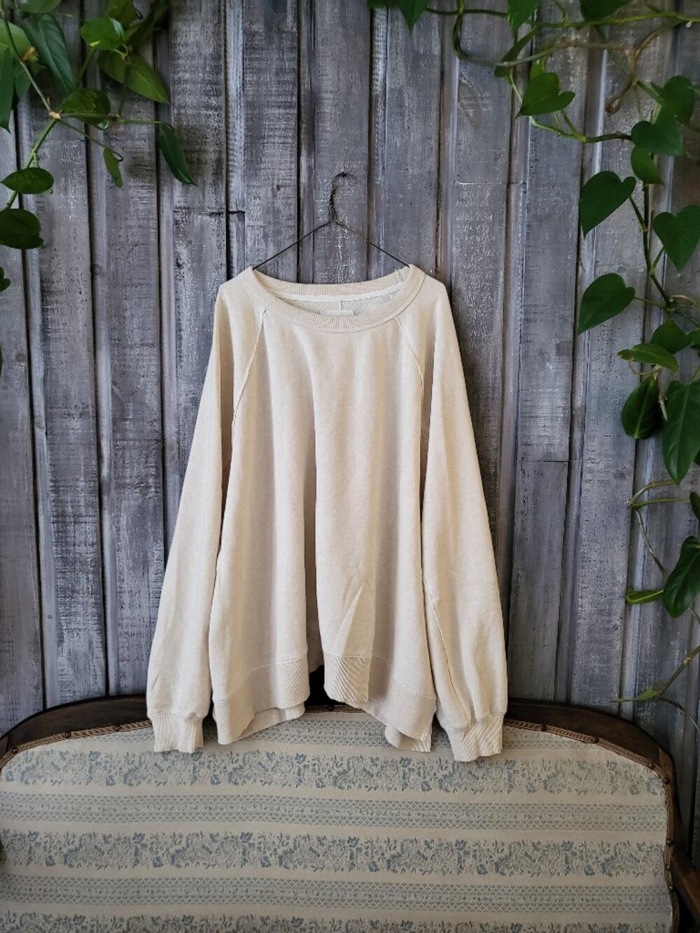 Aerie Distressed Cream Raw Seam Raglan Crewneck Sweatshirt Cotton Oversized XXL